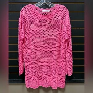 ANRABESS Pink Crochet Knit Sweater Tunic Open Weave Medium